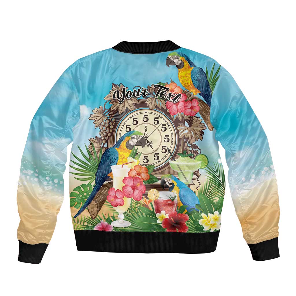 Personalized It's 5 o'clock Somewhere Sleeve Zip Bomber Jacket Hawaiian Tropical Parrots - Polynesian Pride