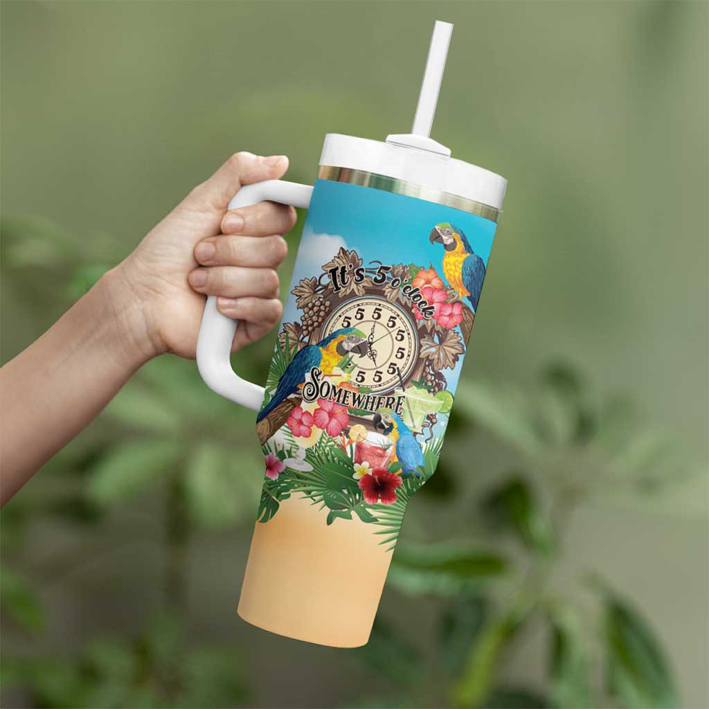 Personalized It's 5 o'clock Somewhere Tumbler With Handle Hawaiian Tropical Parrots - Polynesian Pride