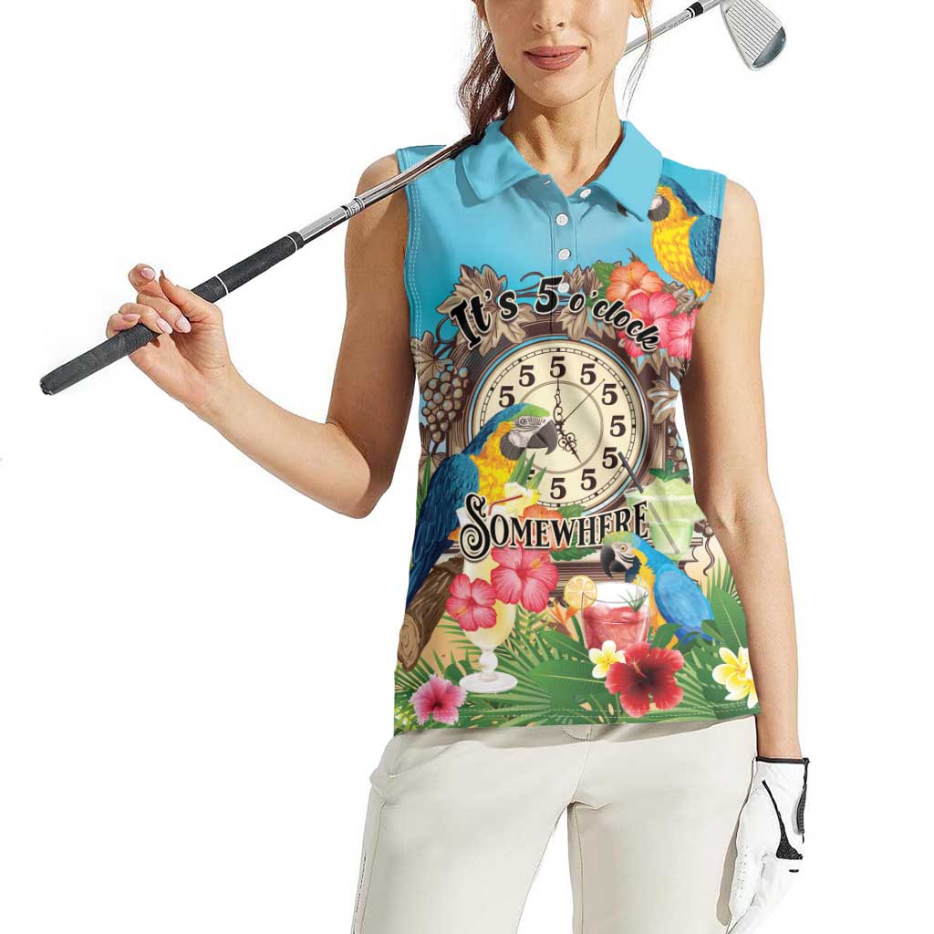 Personalized It's 5 o'clock Somewhere Women Sleeveless Polo Shirt Hawaiian Tropical Parrots - Polynesian Pride