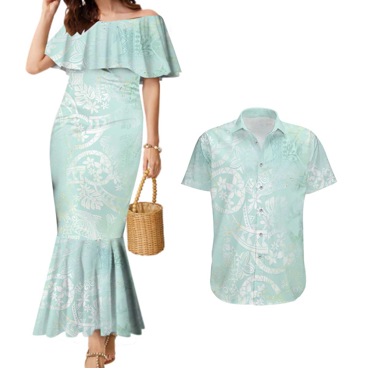 Polynesian Tiare Monstera Seafoam Green Couples Matching Mermaid Dress and Hawaiian Shirt Liquid Style - Polynesian Pride