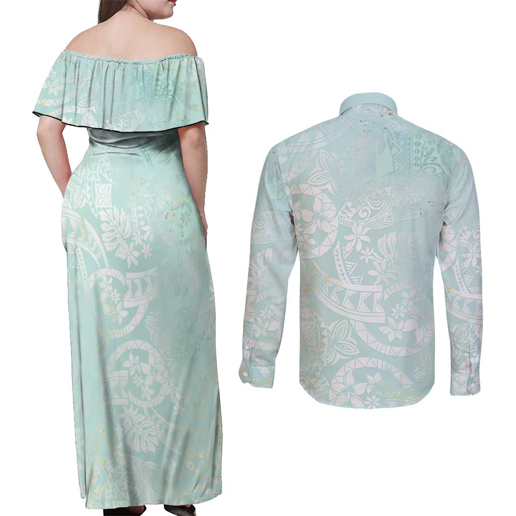 Polynesian Tiare Monstera Seafoam Green Couples Matching Off Shoulder Maxi Dress and Long Sleeve Button Shirt Liquid Style LT01 - Polynesian Pride