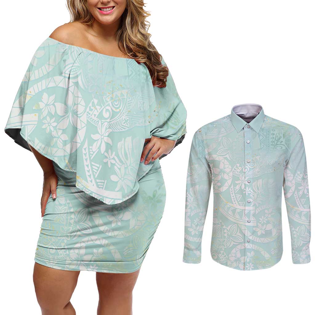 Polynesian Tiare Monstera Seafoam Green Couples Matching Off Shoulder Short Dress and Long Sleeve Button Shirt Liquid Style LT01 Green - Polynesian Pride