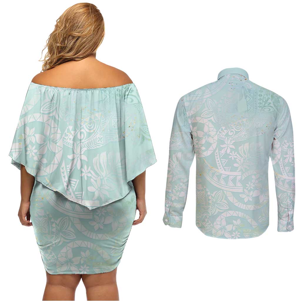 Polynesian Tiare Monstera Seafoam Green Couples Matching Off Shoulder Short Dress and Long Sleeve Button Shirt Liquid Style LT01 - Polynesian Pride