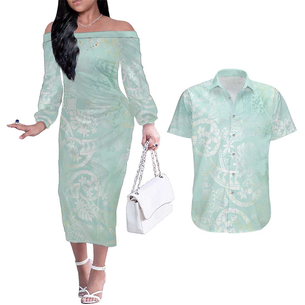 Polynesian Tiare Monstera Seafoam Green Couples Matching Off The Shoulder Long Sleeve Dress and Hawaiian Shirt Liquid Style - Polynesian Pride
