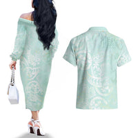 Polynesian Tiare Monstera Seafoam Green Couples Matching Off The Shoulder Long Sleeve Dress and Hawaiian Shirt Liquid Style - Polynesian Pride