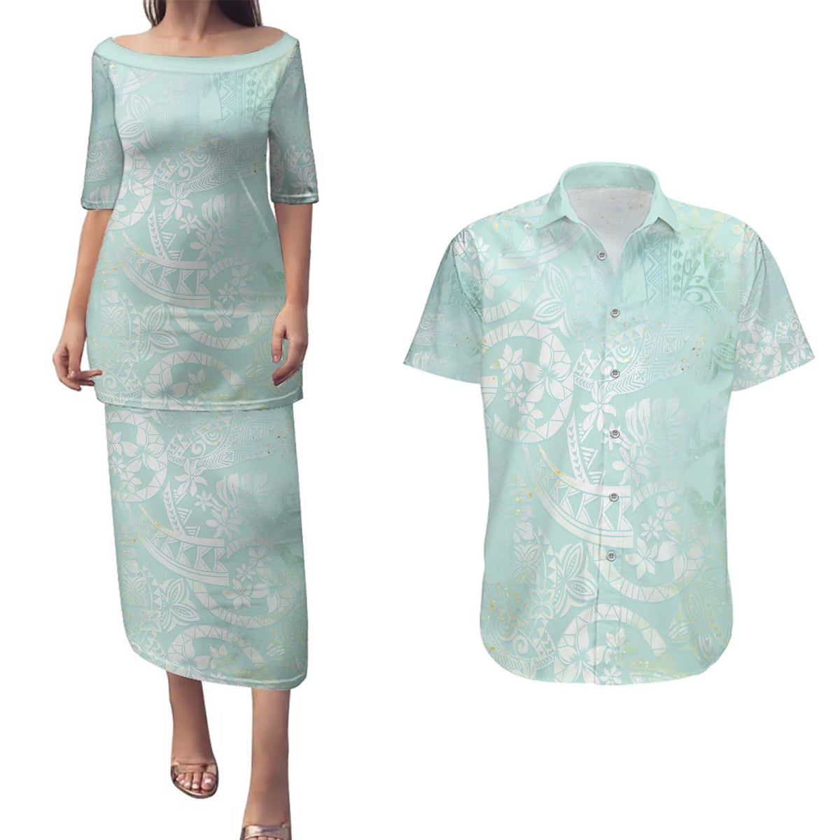 Polynesian Tiare Monstera Seafoam Green Couples Matching Puletasi and Hawaiian Shirt Liquid Style LT01 Green - Polynesian Pride