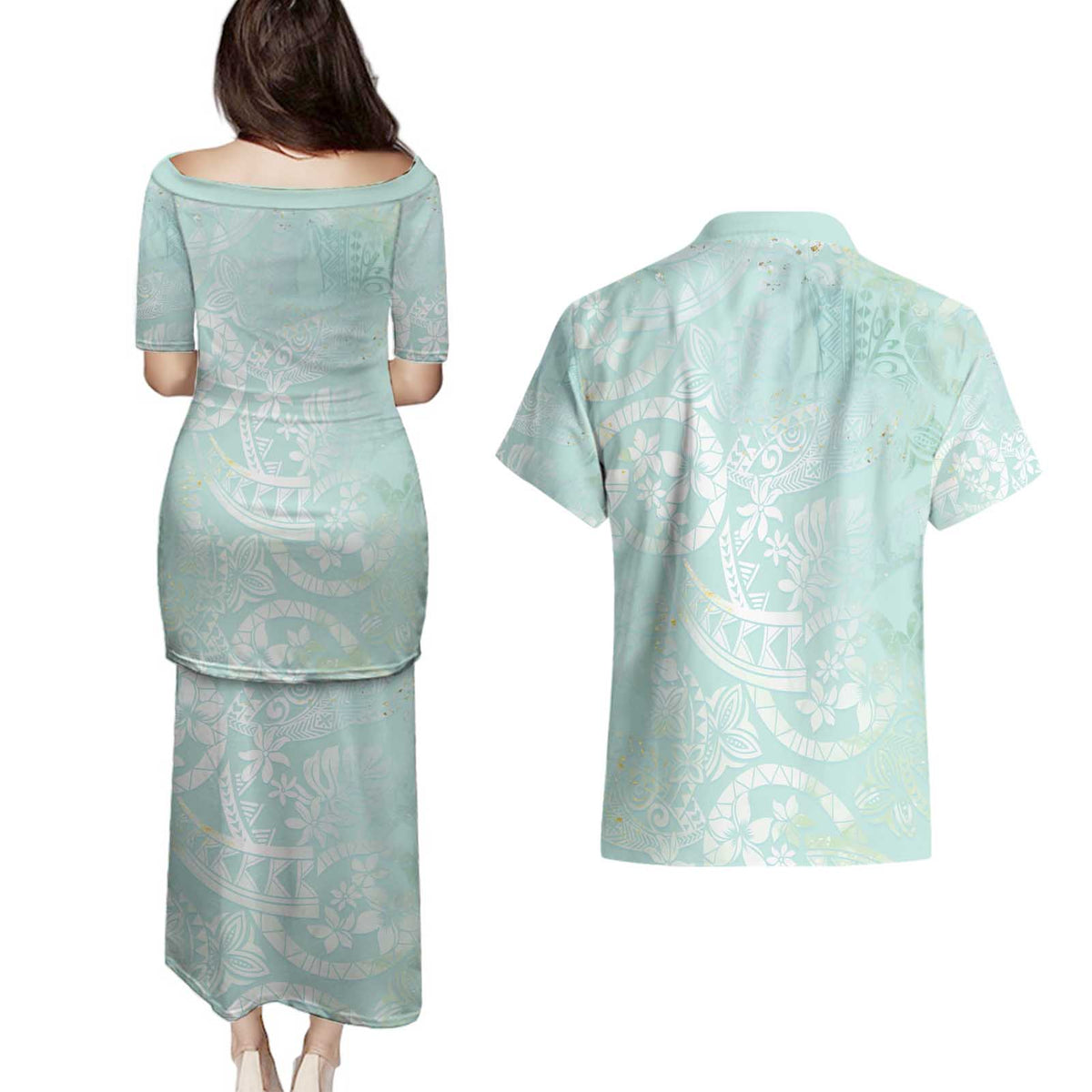 Polynesian Tiare Monstera Seafoam Green Couples Matching Puletasi and Hawaiian Shirt Liquid Style LT01 - Polynesian Pride
