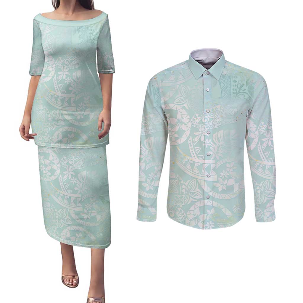 Polynesian Tiare Monstera Seafoam Green Couples Matching Puletasi and Long Sleeve Button Shirt Liquid Style LT01 Green - Polynesian Pride