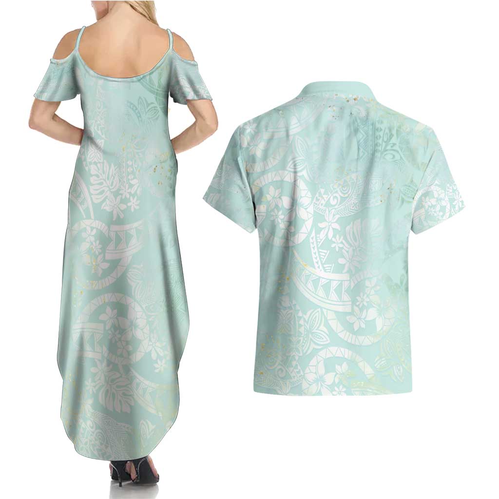 Polynesian Tiare Monstera Seafoam Green Couples Matching Summer Maxi Dress and Hawaiian Shirt Liquid Style - Polynesian Pride