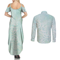 Polynesian Tiare Monstera Seafoam Green Couples Matching Summer Maxi Dress and Long Sleeve Button Shirt Liquid Style LT01 - Polynesian Pride
