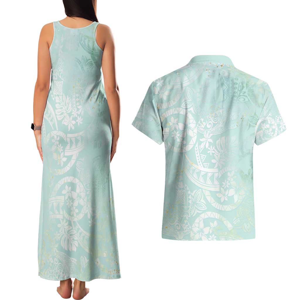 Polynesian Tiare Monstera Seafoam Green Couples Matching Tank Maxi Dress and Hawaiian Shirt Liquid Style - Polynesian Pride