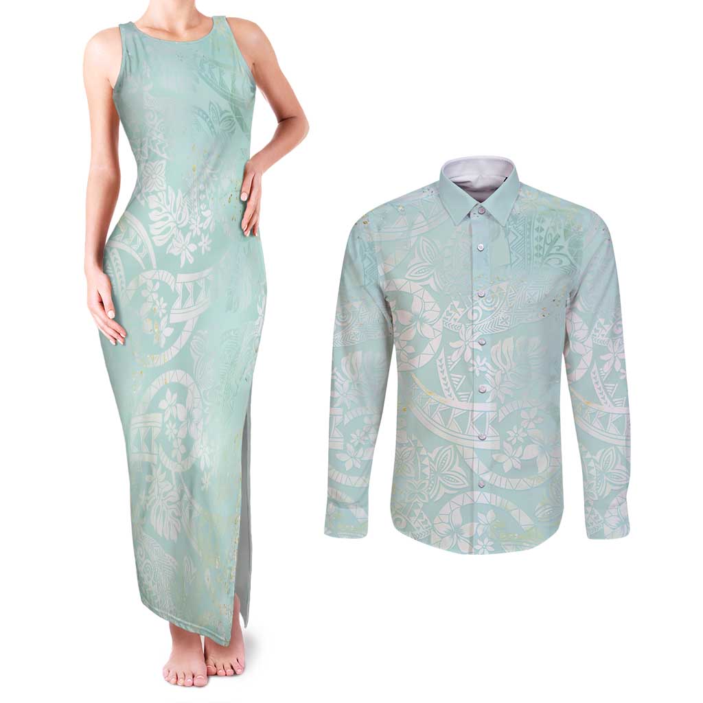 Polynesian Tiare Monstera Seafoam Green Couples Matching Tank Maxi Dress and Long Sleeve Button Shirt Liquid Style LT01 Green - Polynesian Pride