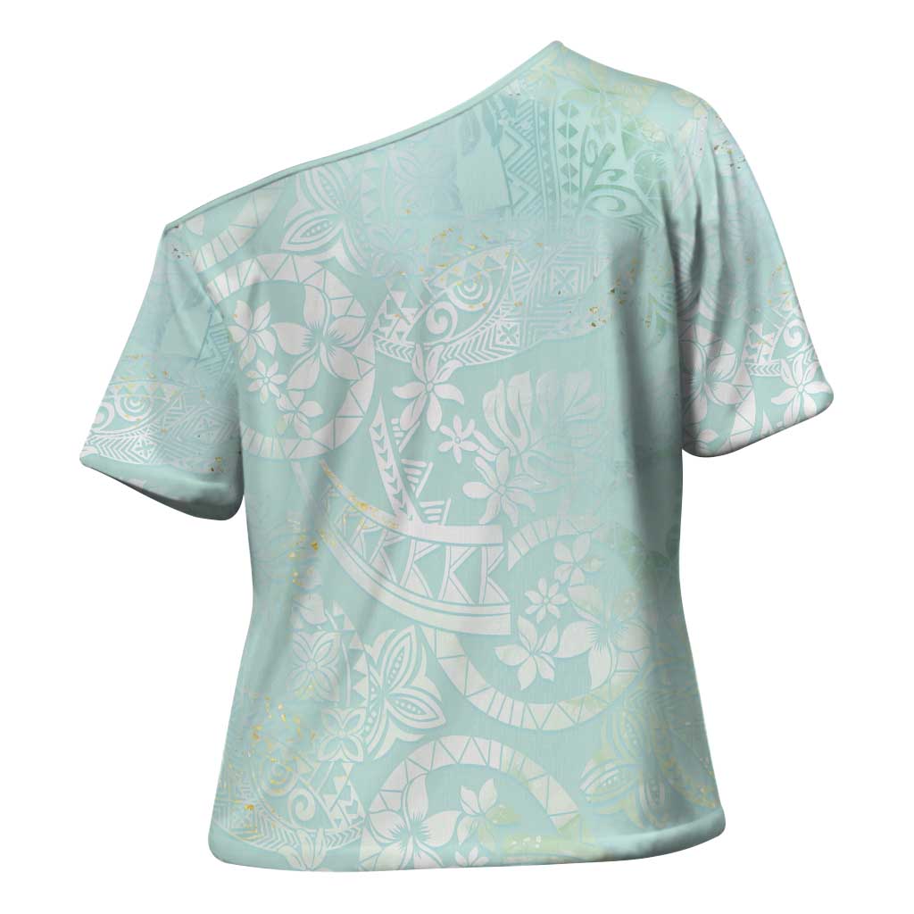 Polynesian Tiare Monstera Seafoam Green Cross Shoulder Shirt Liquid Style LT01 - Polynesian Pride