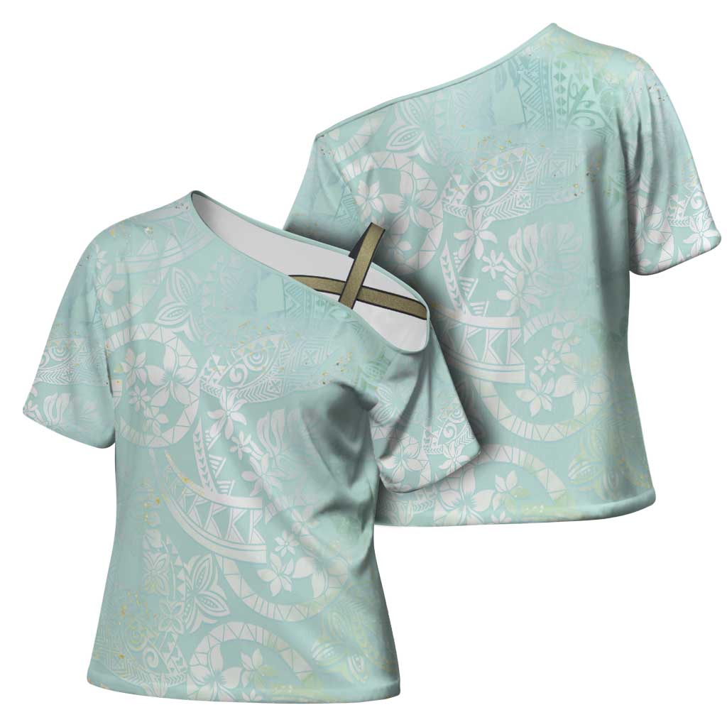 Polynesian Tiare Monstera Seafoam Green Cross Shoulder Shirt Liquid Style LT01 - Polynesian Pride