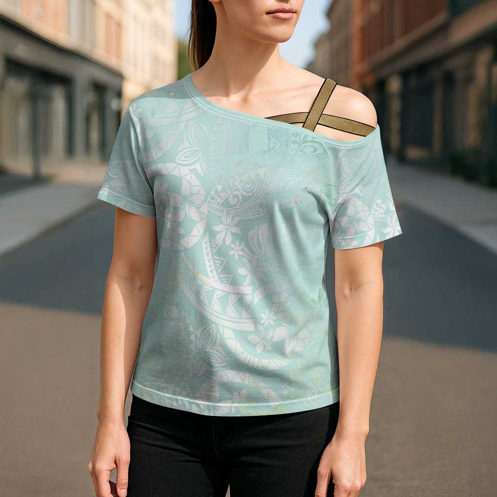 Polynesian Tiare Monstera Seafoam Green Cross Shoulder Shirt Liquid Style LT01 - Polynesian Pride