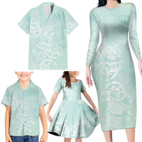 Polynesian Tiare Monstera Seafoam Green Family Matching Long Sleeve Bodycon Dress and Hawaiian Shirt Liquid Style - Polynesian Pride