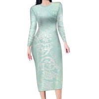 Polynesian Tiare Monstera Seafoam Green Family Matching Long Sleeve Bodycon Dress and Hawaiian Shirt Liquid Style - Polynesian Pride