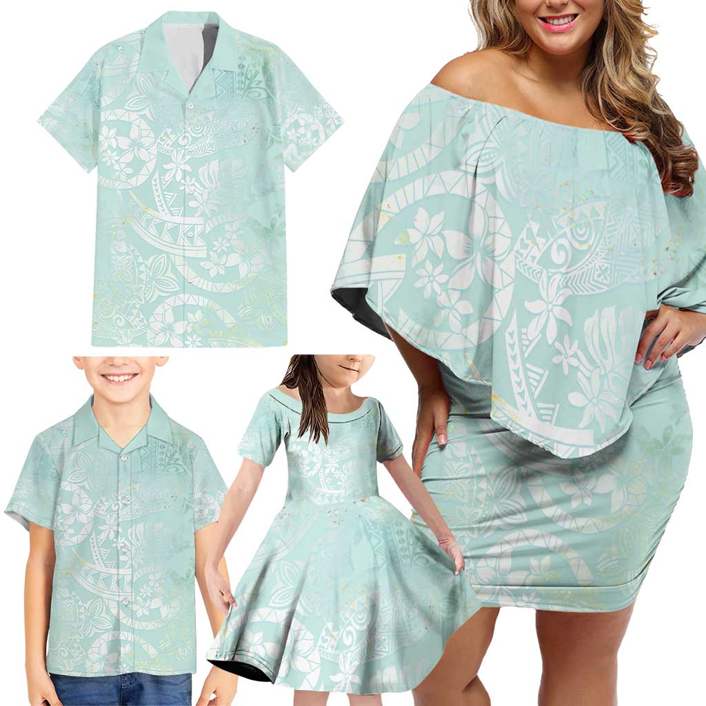 Polynesian Tiare Monstera Seafoam Green Family Matching Off Shoulder Short Dress and Hawaiian Shirt Liquid Style - Polynesian Pride
