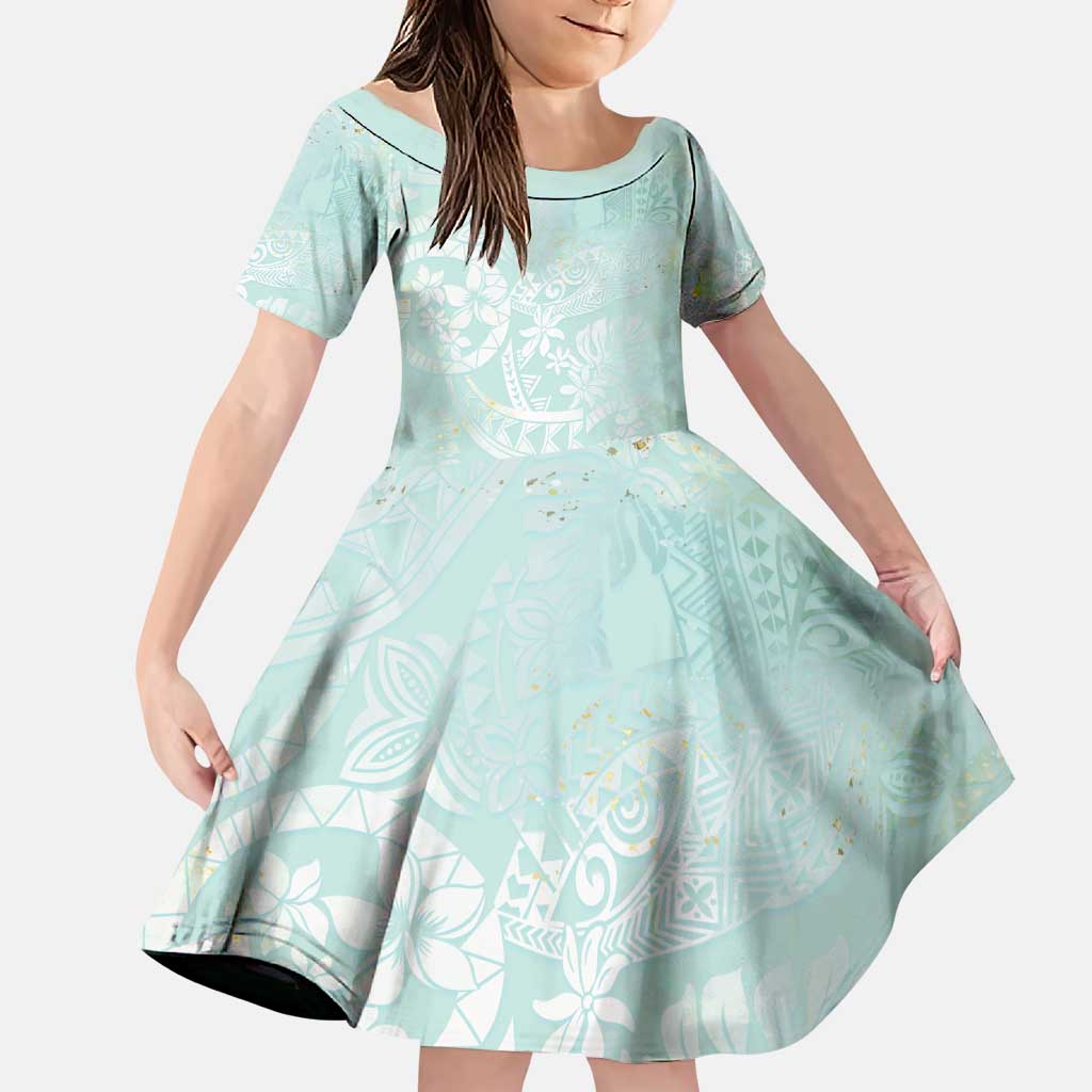 Polynesian Tiare Monstera Seafoam Green Family Matching Puletasi and Hawaiian Shirt Liquid Style LT01 Daughter's Dress Green - Polynesian Pride