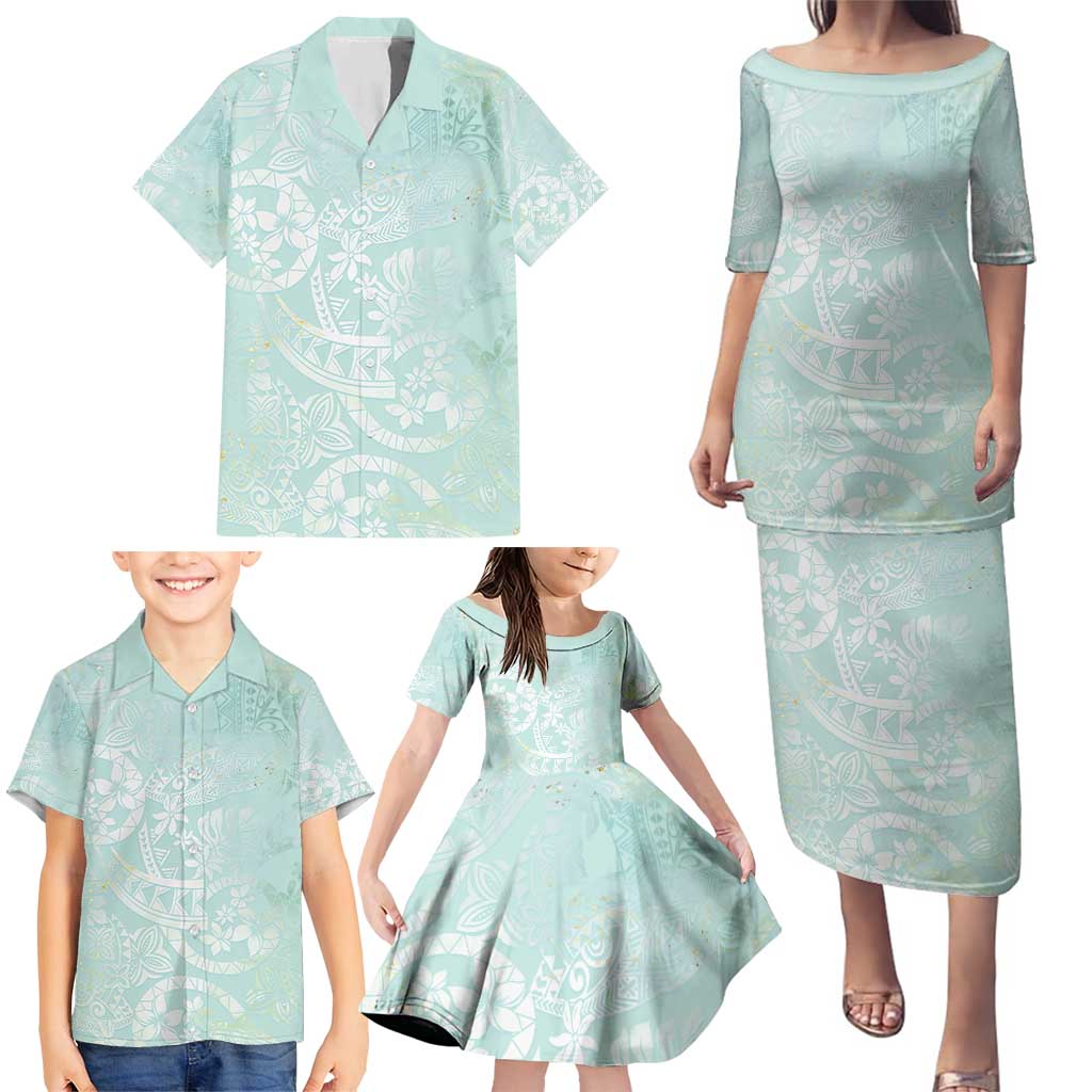 Polynesian Tiare Monstera Seafoam Green Family Matching Puletasi and Hawaiian Shirt Liquid Style LT01 - Polynesian Pride