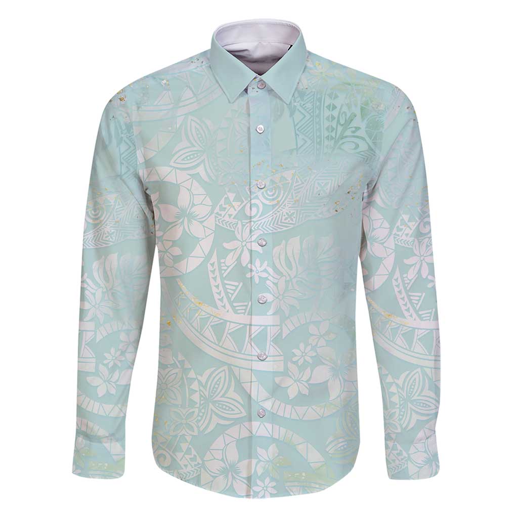 Polynesian Tiare Monstera Seafoam Green Family Matching Puletasi and Hawaiian Shirt Liquid Style LT01 Dad's Shirt - Long Sleeve Green - Polynesian Pride