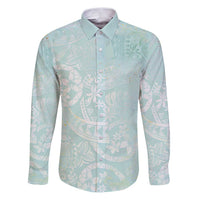 Polynesian Tiare Monstera Seafoam Green Family Matching Puletasi and Hawaiian Shirt Liquid Style LT01 Dad's Shirt - Long Sleeve Green - Polynesian Pride