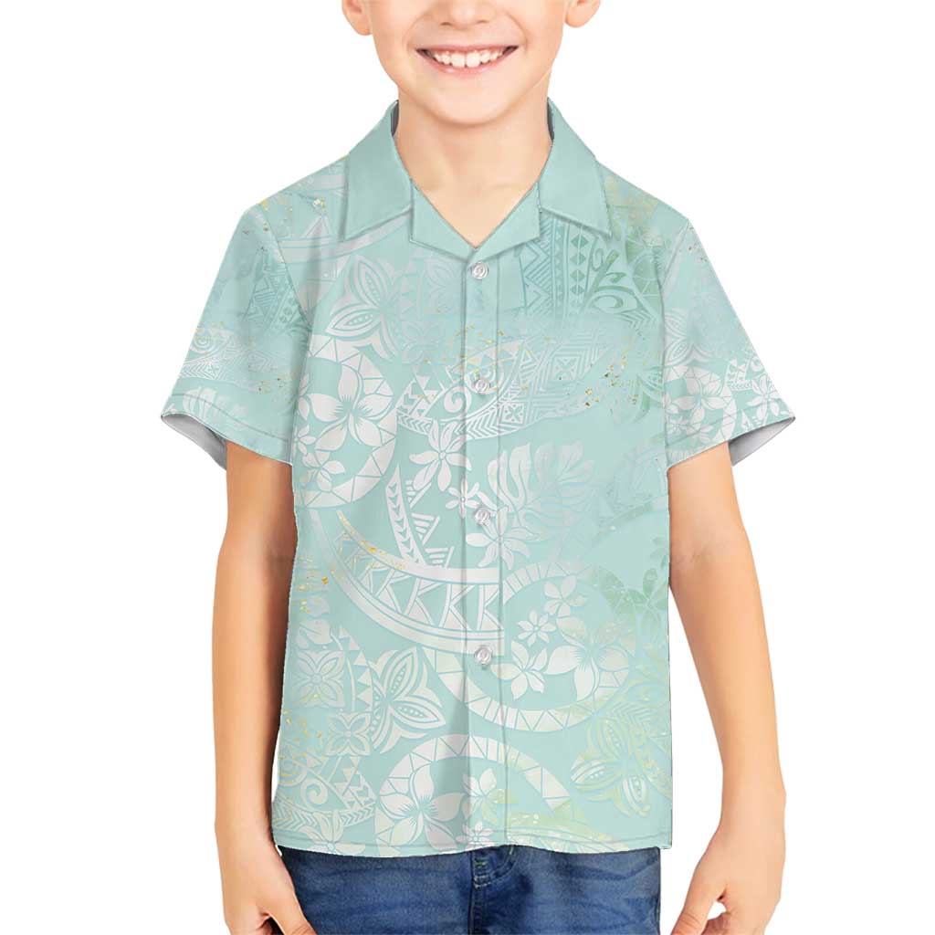 Polynesian Tiare Monstera Seafoam Green Family Matching Puletasi and Hawaiian Shirt Liquid Style LT01 Son's Shirt Green - Polynesian Pride