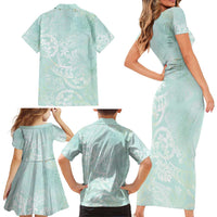 Polynesian Tiare Monstera Seafoam Green Family Matching Short Sleeve Bodycon Dress and Hawaiian Shirt Liquid Style - Polynesian Pride