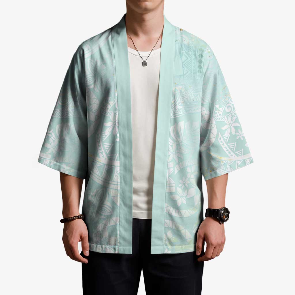 Polynesian Tiare Monstera Seafoam Green Kimono Liquid Style - Polynesian Pride