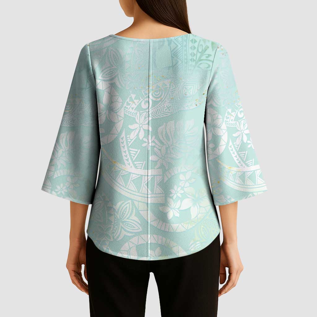 Polynesian Tiare Monstera Seafoam Green Kimono Sleeve Blouse Liquid Style LT01 - Polynesian Pride