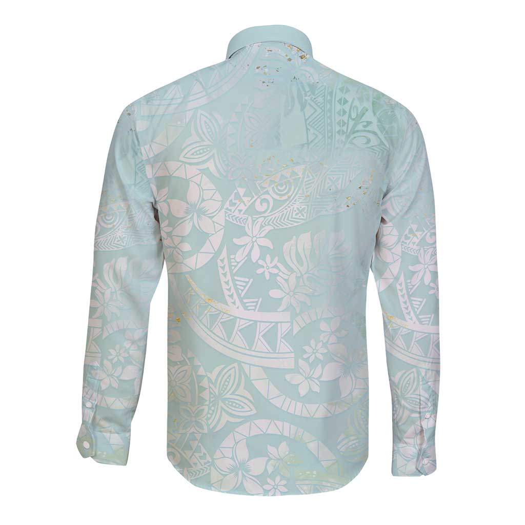Polynesian Tiare Monstera Seafoam Green Long Sleeve Button Shirt Liquid Style LT01 - Polynesian Pride