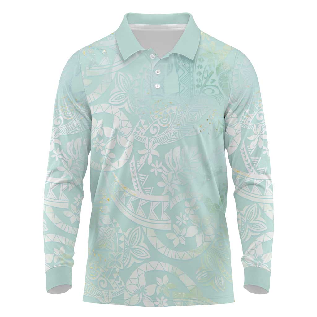 Polynesian Tiare Monstera Seafoam Green Long Sleeve Polo Shirt Liquid Style LT01 Green - Polynesian Pride