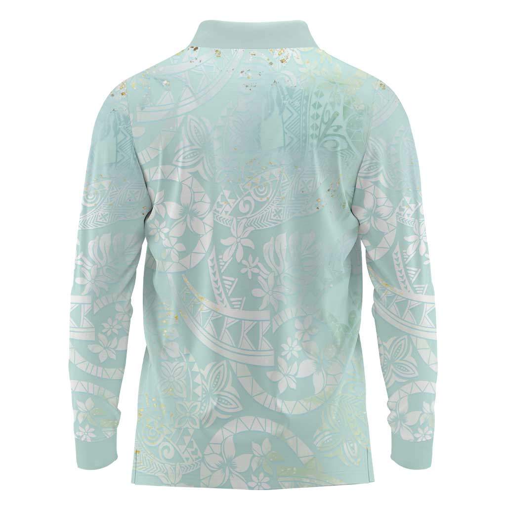 Polynesian Tiare Monstera Seafoam Green Long Sleeve Polo Shirt Liquid Style LT01 - Polynesian Pride
