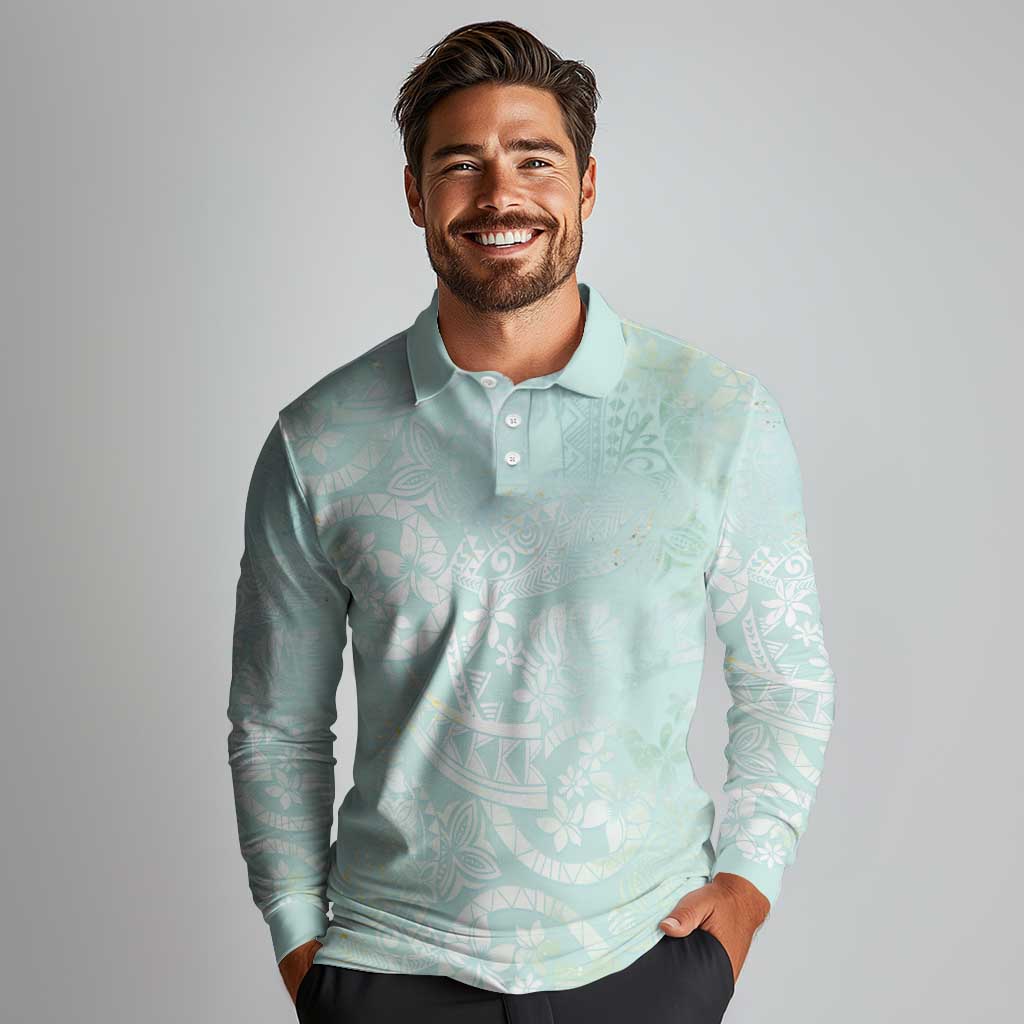 Polynesian Tiare Monstera Seafoam Green Long Sleeve Polo Shirt Liquid Style LT01 - Polynesian Pride