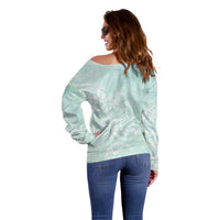 Polynesian Tiare Monstera Seafoam Green Off Shoulder Sweater Liquid Style - Polynesian Pride