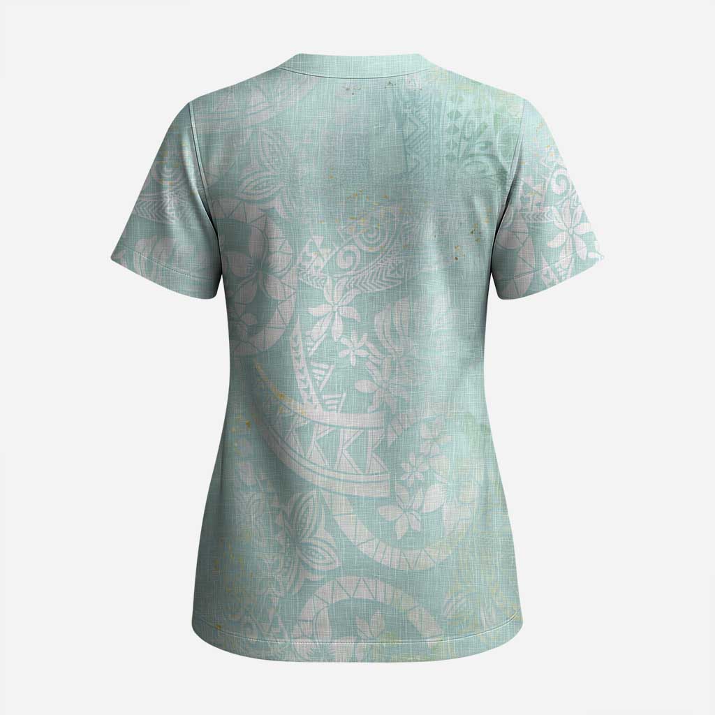Polynesian Tiare Monstera Seafoam Green Scrub Top Liquid Style LT01 - Polynesian Pride