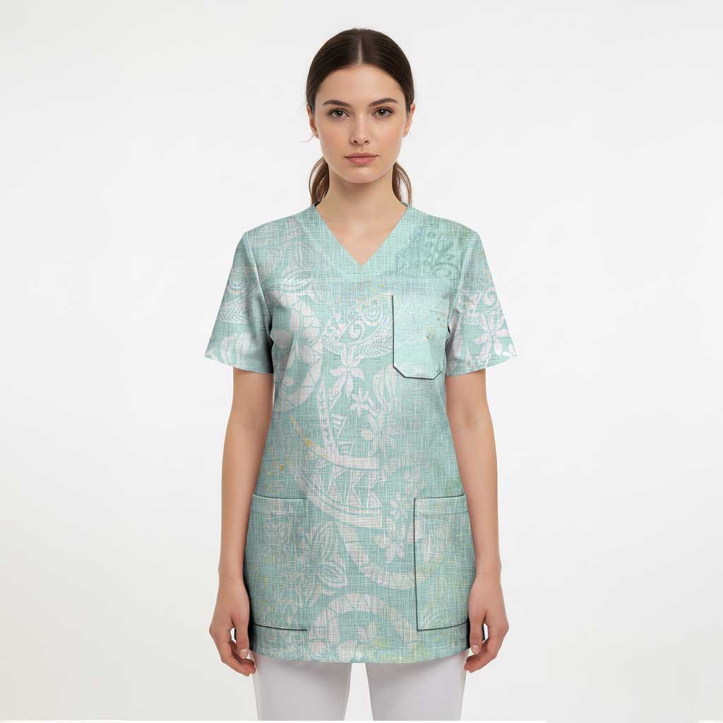 Polynesian Tiare Monstera Seafoam Green Scrub Top Liquid Style LT01 - Polynesian Pride