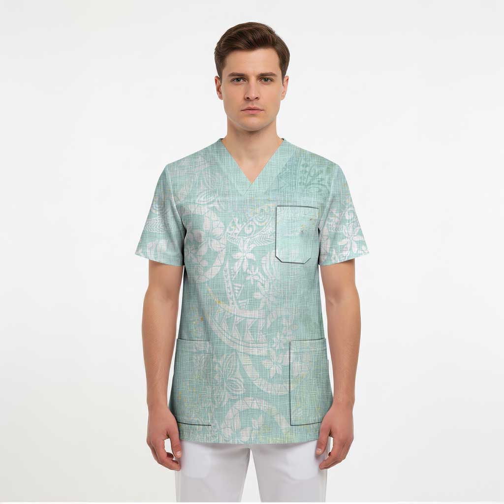 Polynesian Tiare Monstera Seafoam Green Scrub Top Liquid Style LT01 - Polynesian Pride