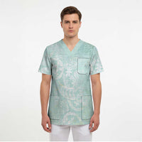 Polynesian Tiare Monstera Seafoam Green Scrub Top Liquid Style LT01 - Polynesian Pride