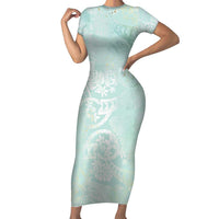 Polynesian Tiare Monstera Seafoam Green Short Sleeve Bodycon Dress Liquid Style - Polynesian Pride