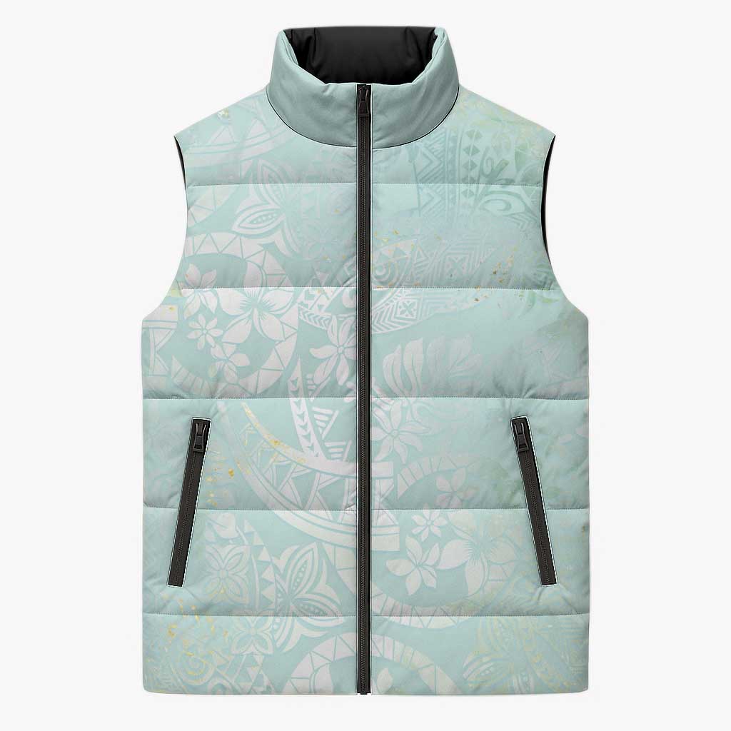 Polynesian Tiare Monstera Seafoam Green Sleeveless Puffer Jacket Liquid Style LT01 Unisex Green - Polynesian Pride