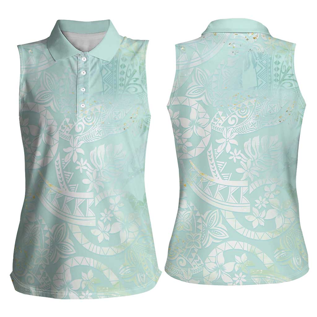 Polynesian Tiare Monstera Seafoam Green Women Sleeveless Polo Shirt Liquid Style LT01 - Polynesian Pride