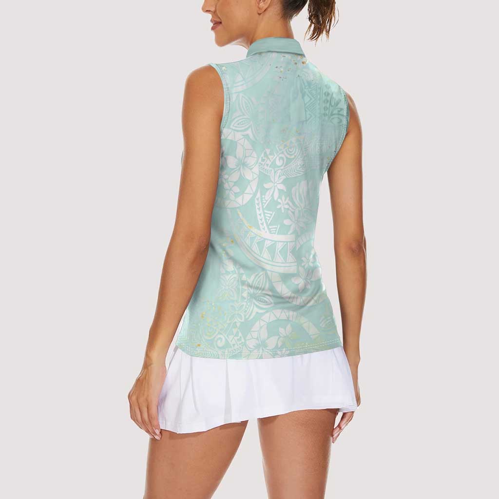 Polynesian Tiare Monstera Seafoam Green Women Sleeveless Polo Shirt Liquid Style LT01 - Polynesian Pride