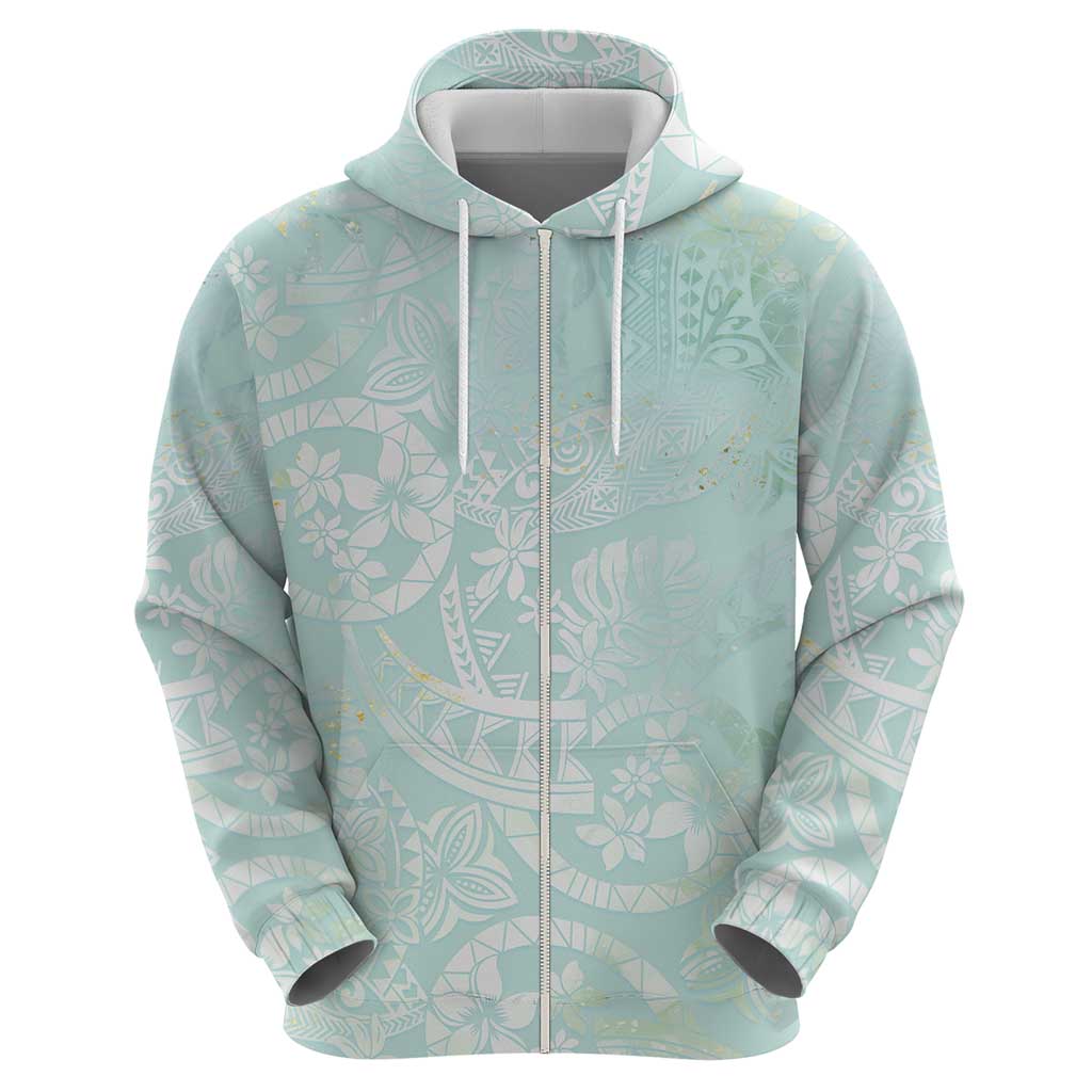 Polynesian Tiare Monstera Seafoam Green Zip Hoodie Liquid Style - Polynesian Pride