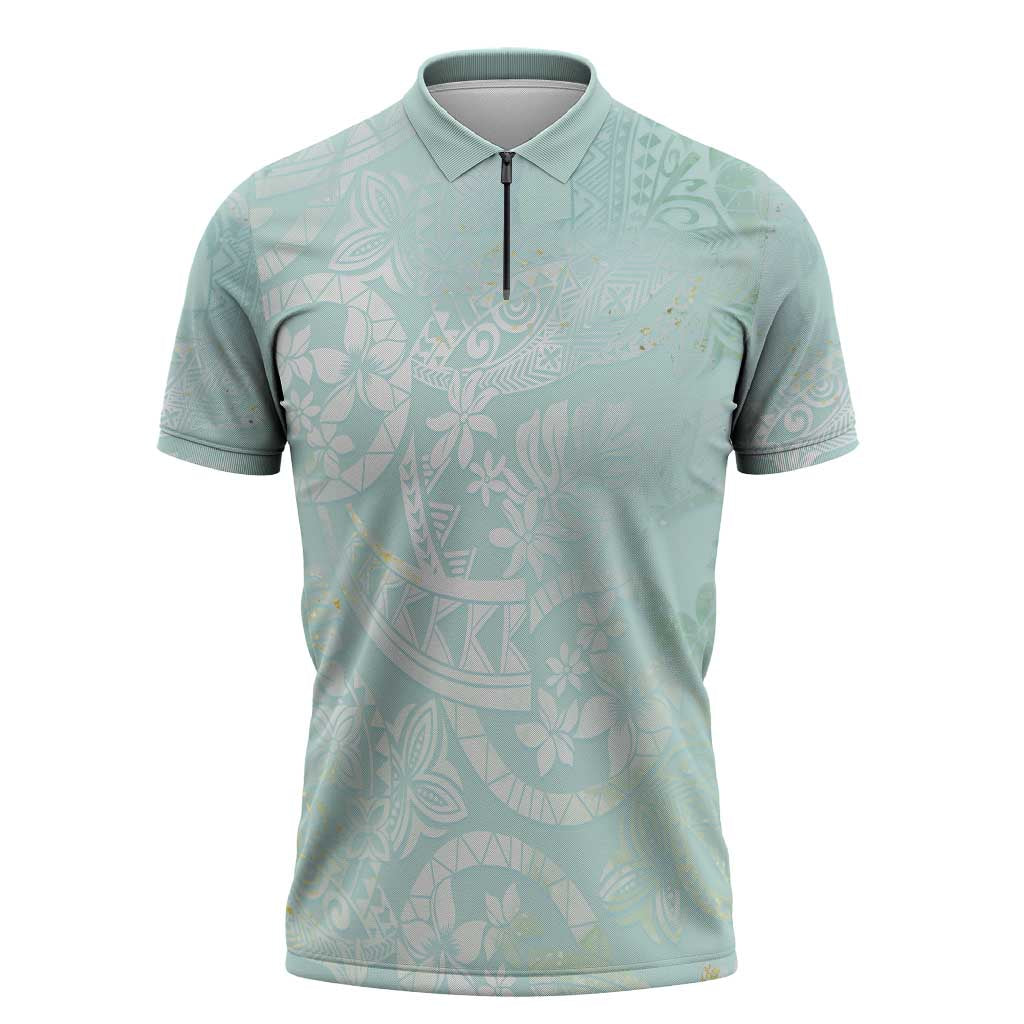 Polynesian Tiare Monstera Seafoam Green Zipper Polo Shirt Liquid Style LT01 Green - Polynesian Pride