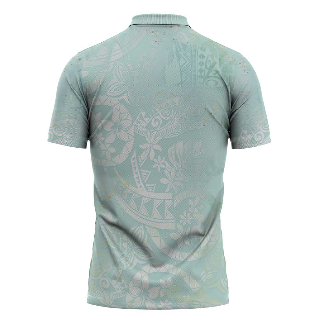 Polynesian Tiare Monstera Seafoam Green Zipper Polo Shirt Liquid Style LT01 - Polynesian Pride