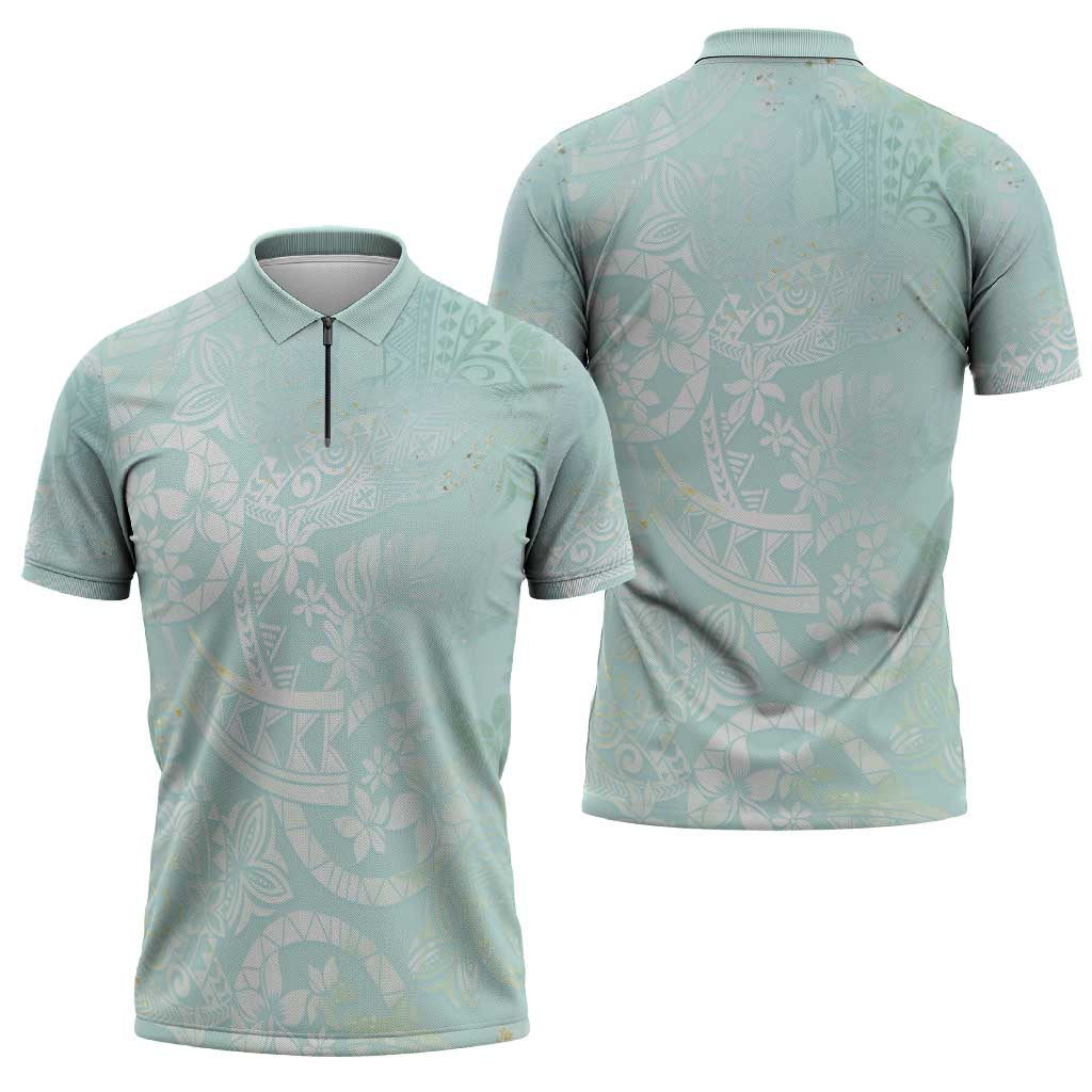 Polynesian Tiare Monstera Seafoam Green Zipper Polo Shirt Liquid Style LT01 - Polynesian Pride