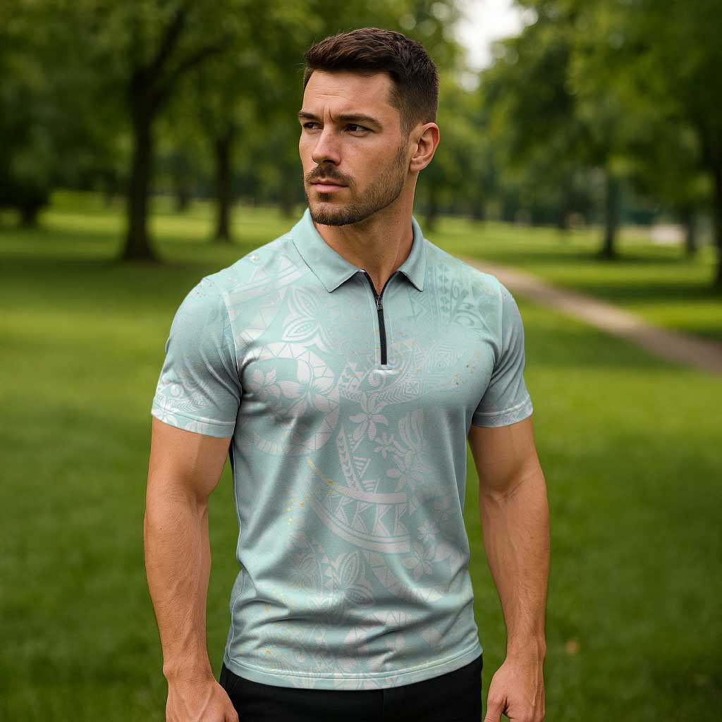 Polynesian Tiare Monstera Seafoam Green Zipper Polo Shirt Liquid Style LT01 - Polynesian Pride