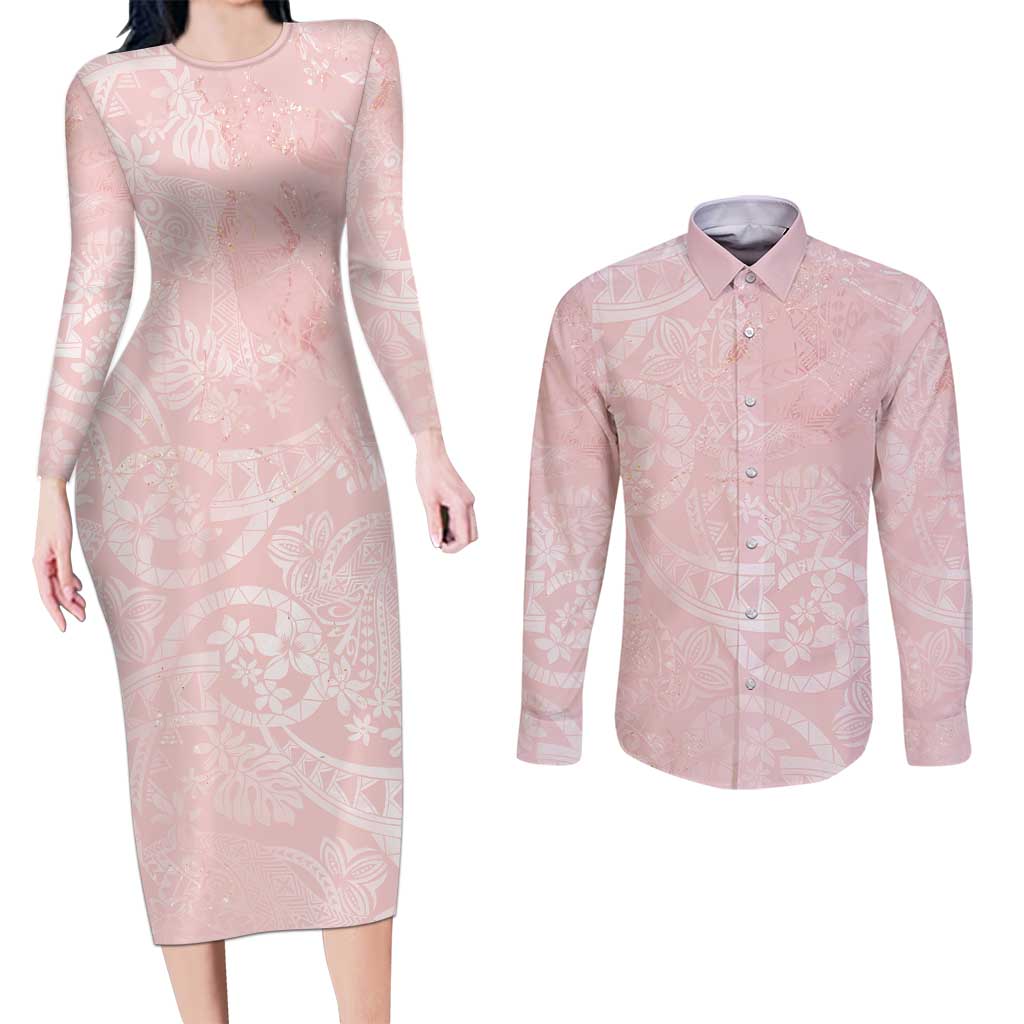 Polynesian Tiare Monstera Soft Pink Couples Matching Long Sleeve Bodycon Dress and Long Sleeve Button Shirt Liquid Style LT01 Pink - Polynesian Pride