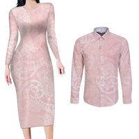 Polynesian Tiare Monstera Soft Pink Couples Matching Long Sleeve Bodycon Dress and Long Sleeve Button Shirt Liquid Style LT01 Pink - Polynesian Pride